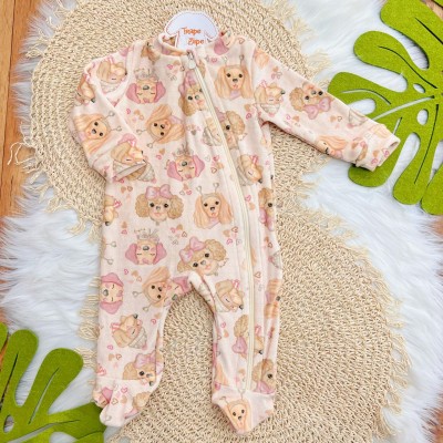 Macacão em Soft Cachorrinhas com Abertura em Zíper - Areia e Rose